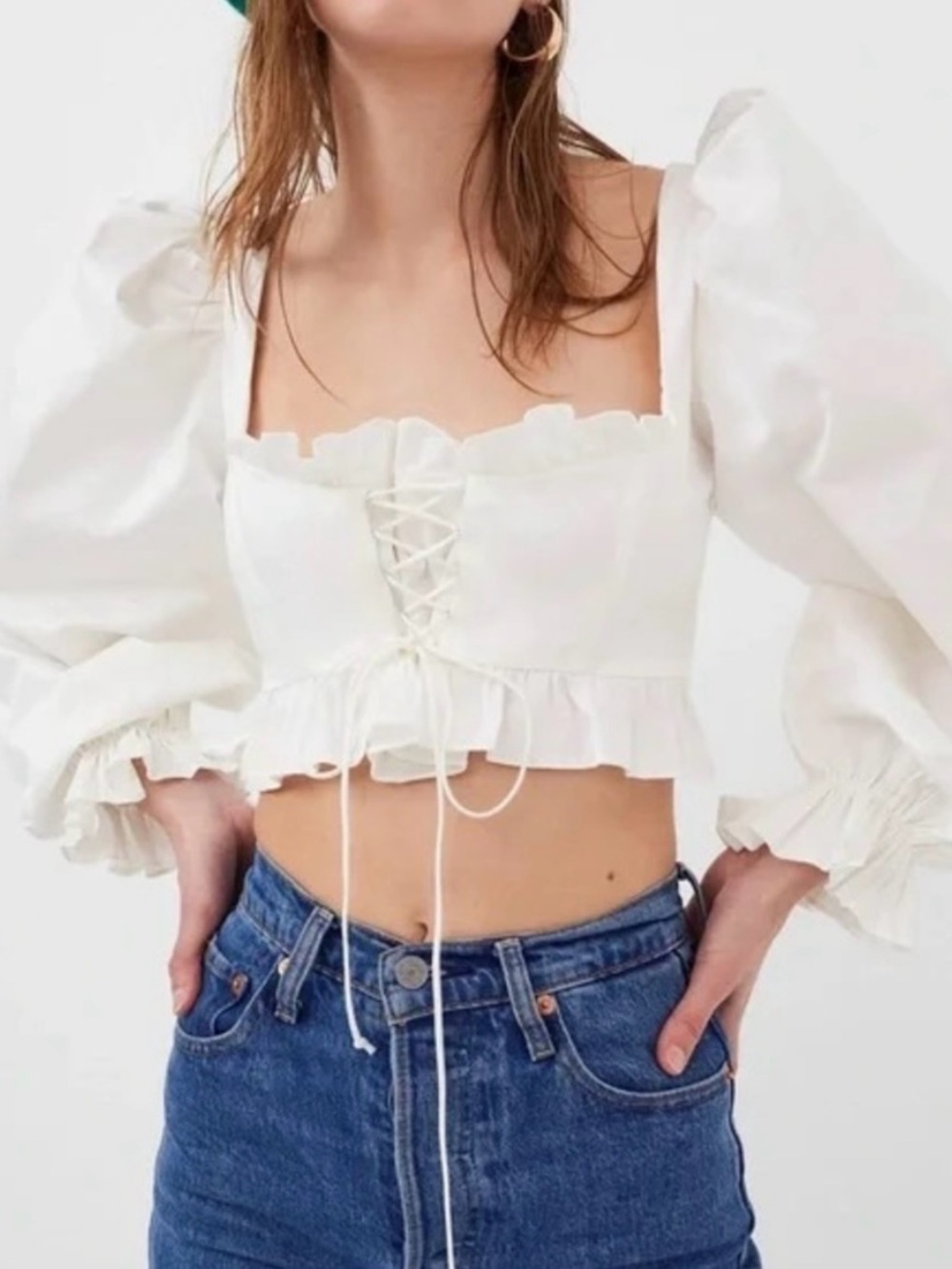 New! For Love & Lemons White Lace-Up Corset Ruffle Puff Sleeve Crop Top 🤍 XS